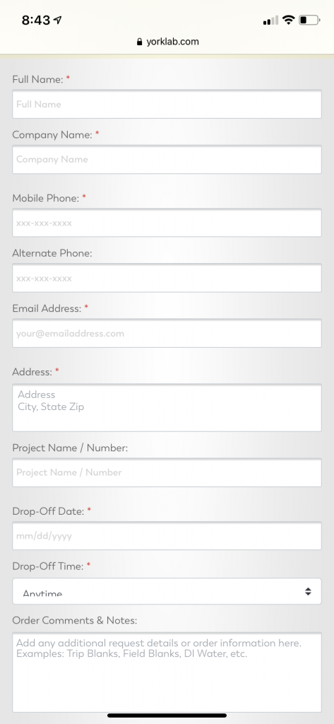 Mobile form for personal or company information to create an account for future pickups