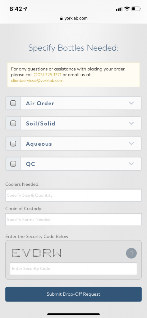 Mobile form to choose specific analyses of contaminants to customize your sample bottle orders