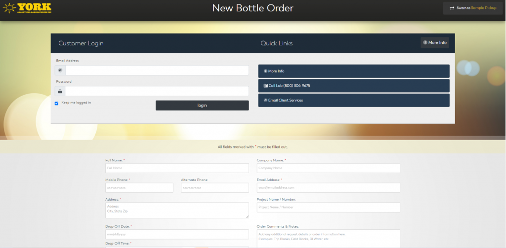 Bottle order page with fields to fill out info about the soil, water, air, or other contaminants